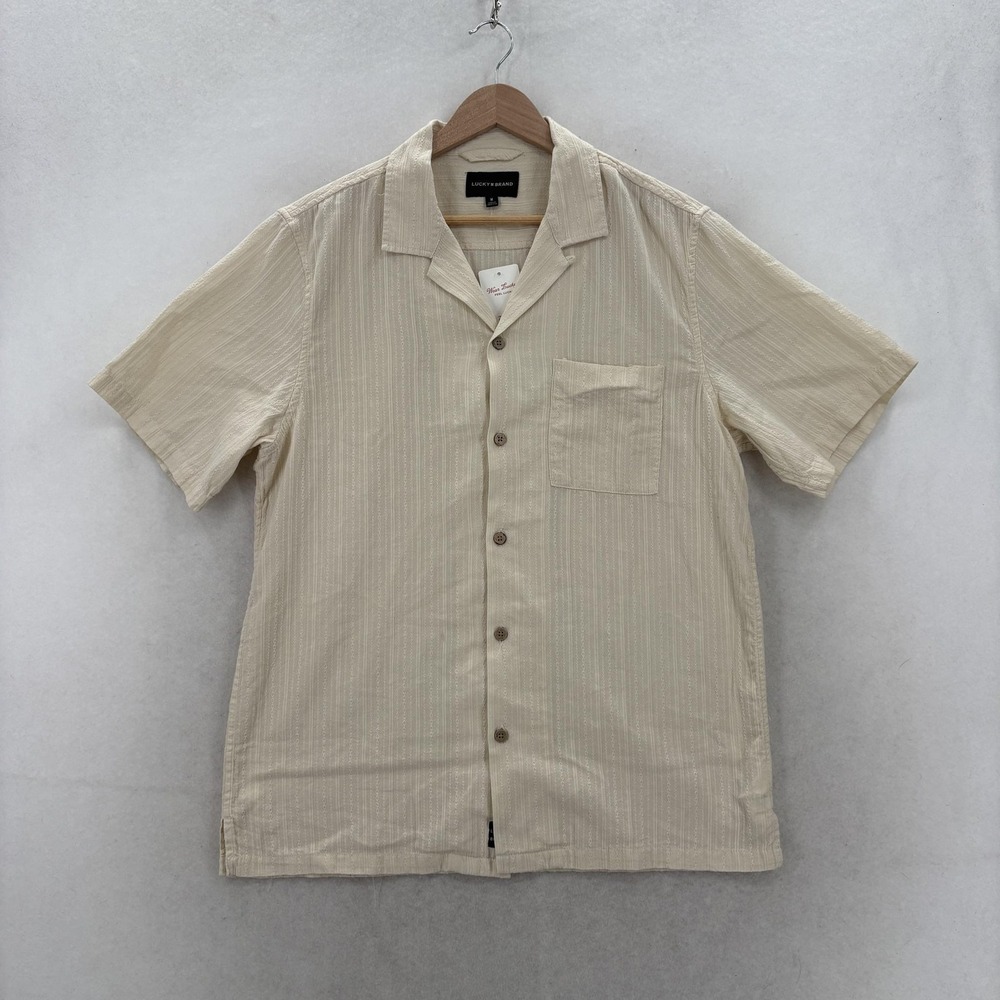 Lucky Brand Shirt Mens Medium Beige Stripe Short Sleeve Cotton Button Up Casual